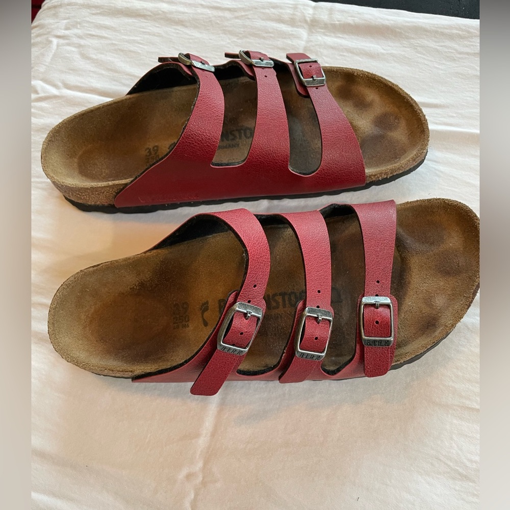 Birkenstock red thin strap vegan leather sandals size 39 (US 8.5)